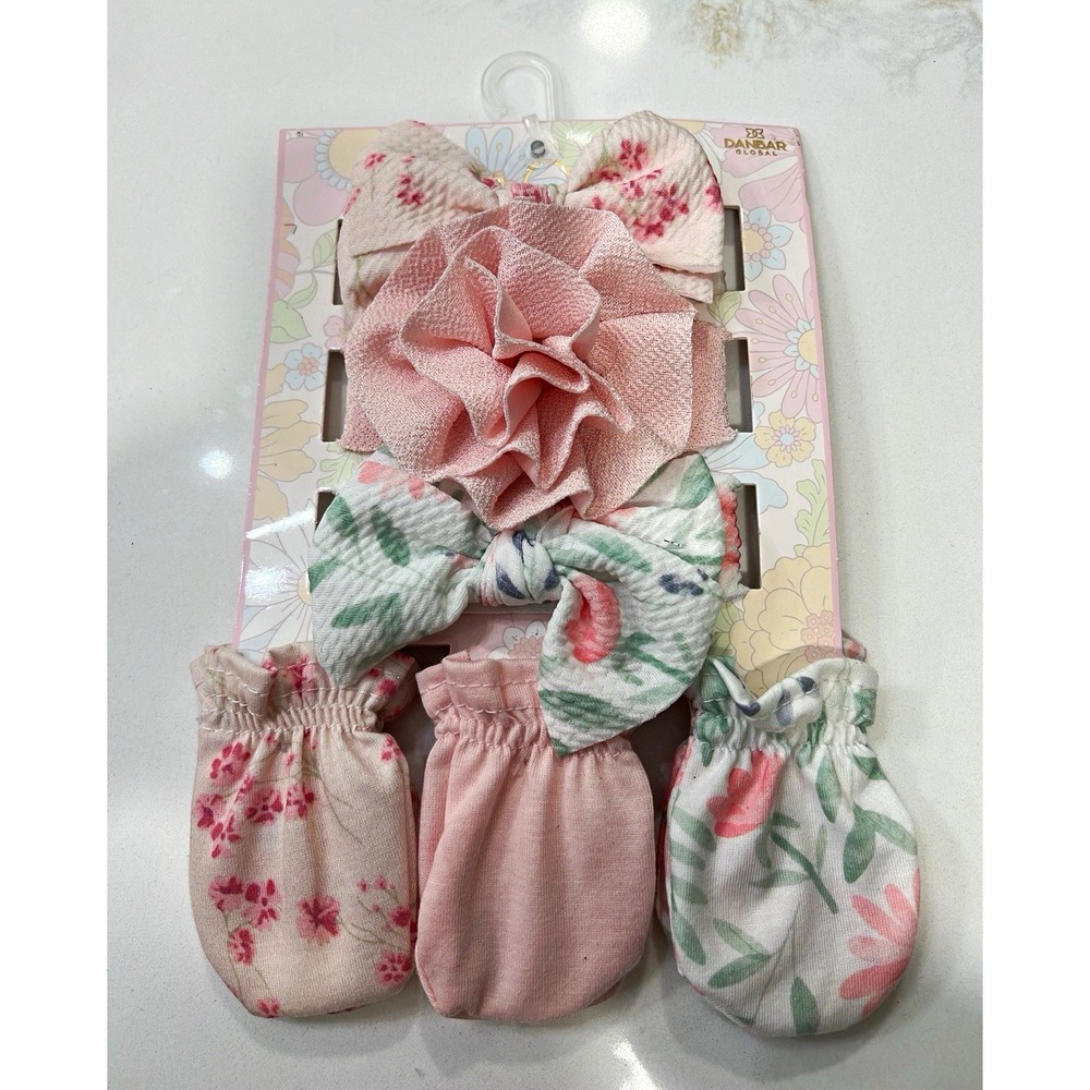 Ava Olivia Baby Girls Cotton Floral Bow Mittens, One Size Pink/White/Green